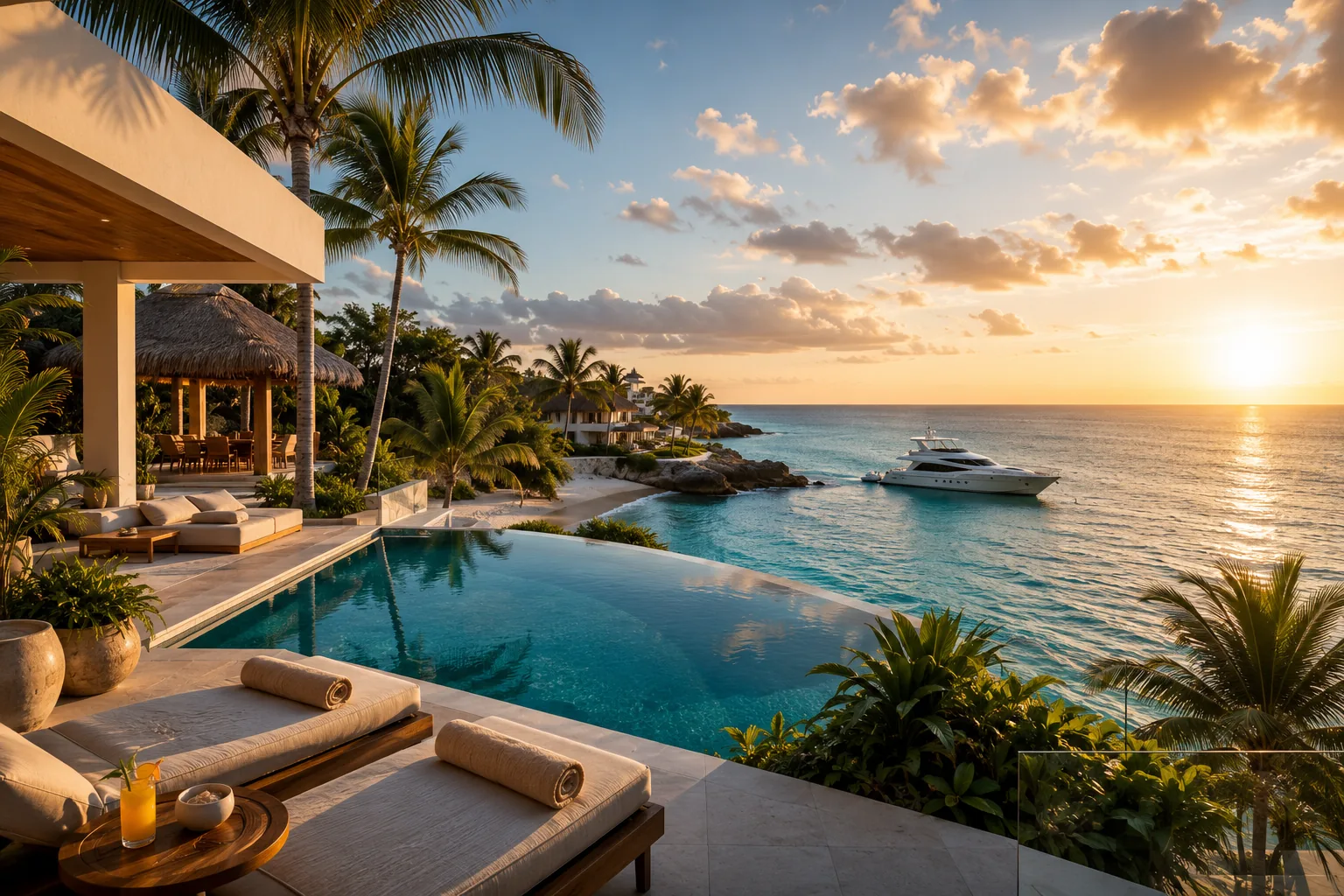 Luxury beachfront villa with infinity pool overlooking the Caribbean Sea and a private yacht at sunset in Riviera Maya.