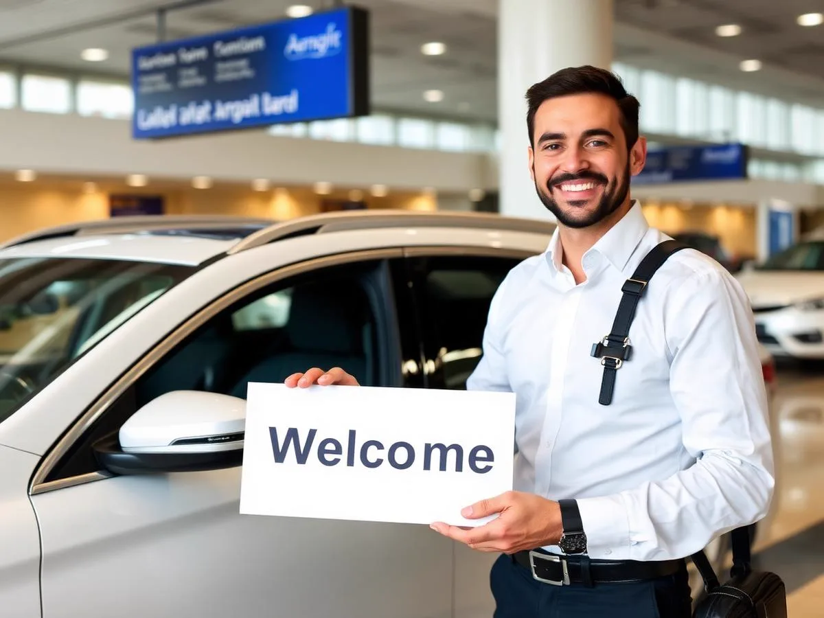 Chauffeur accueillant des voyageurs à l'aéroport avec un panneau nominatif