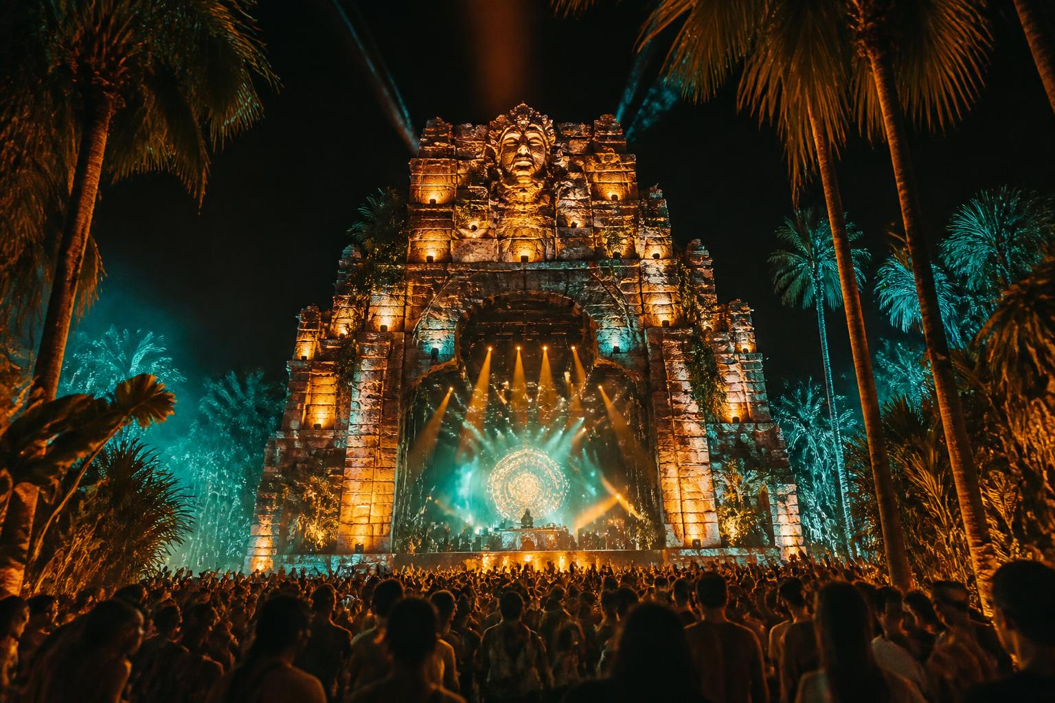 Zamna Tulum 2027 : dates, billets, programmation et guide complet Scène du festival Zamna illuminée la nuit dans la jungle de Tulum