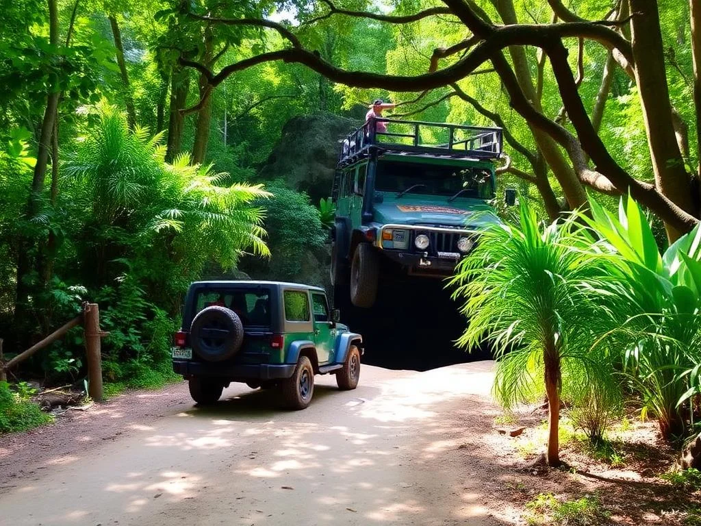 Jeep stationnée devant l'entrée d'un cénote au Yucatán