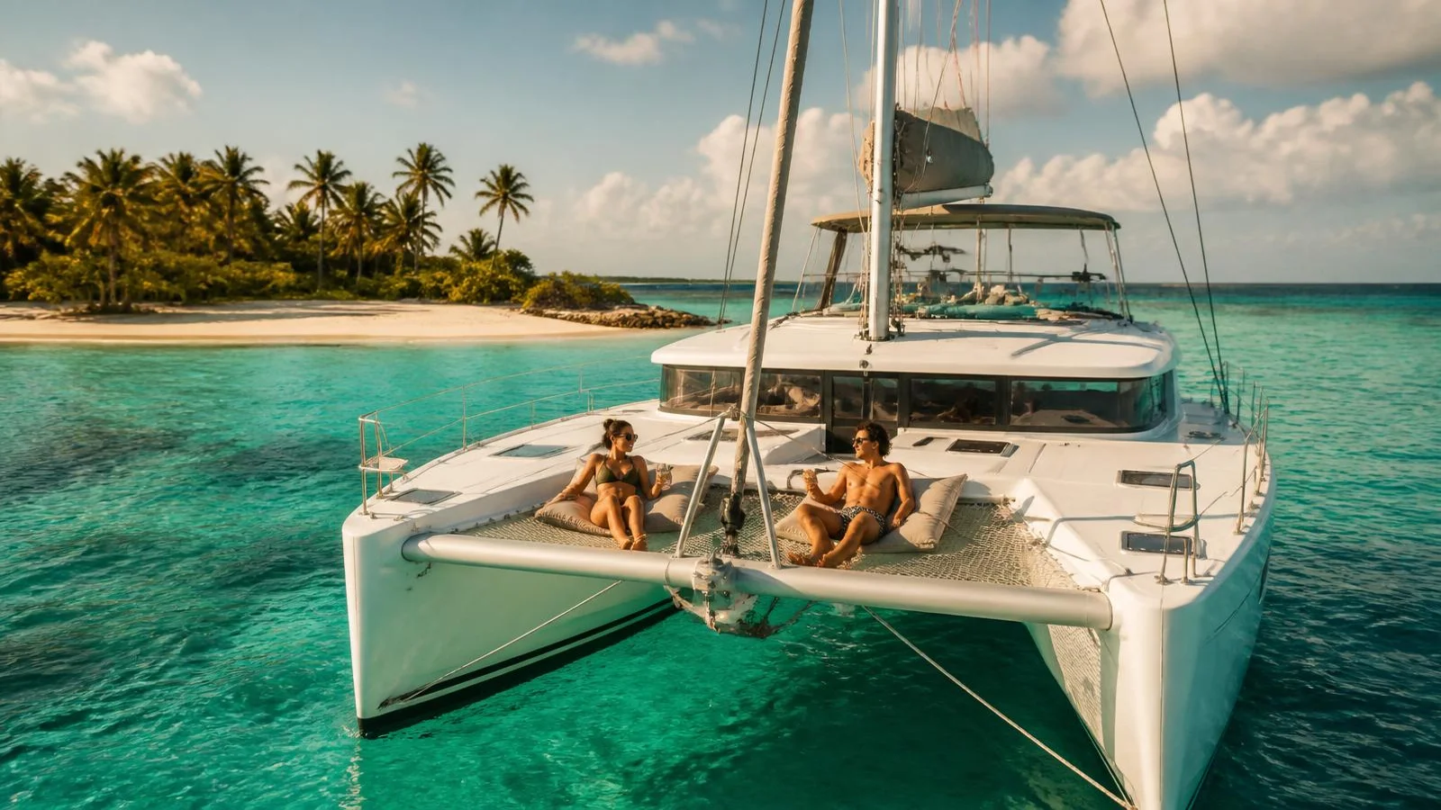 Catamaran privé naviguant sur les eaux turquoise de la Riviera Maya